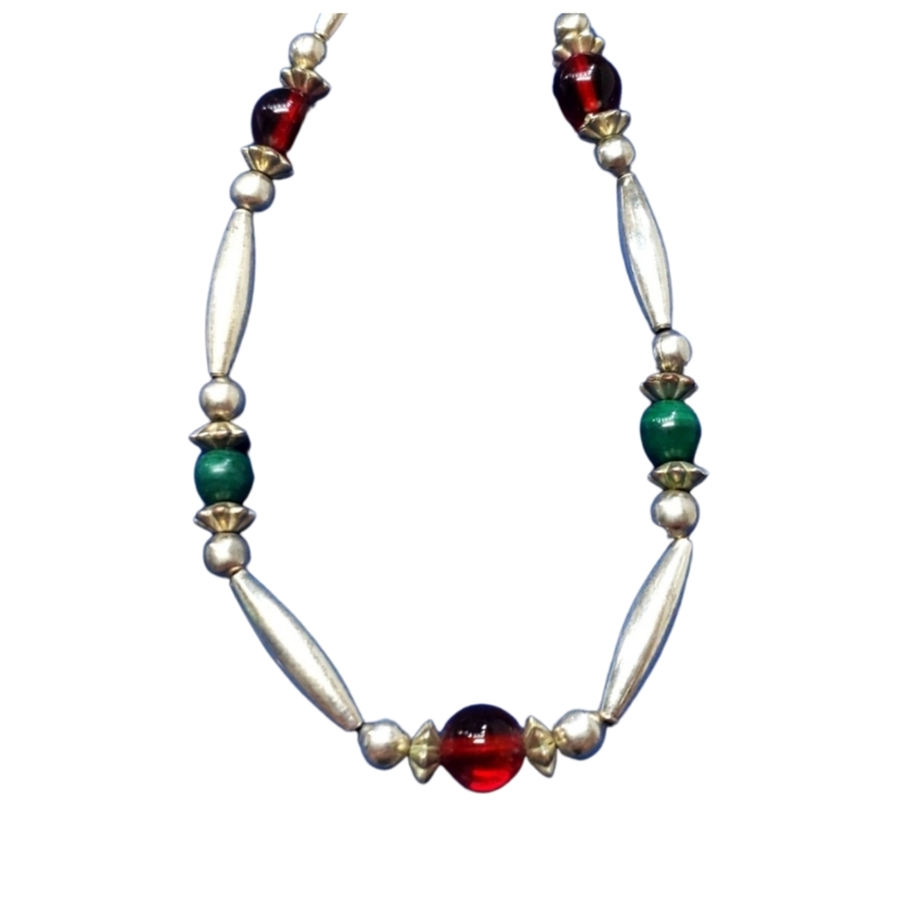 Western Silver Necklace, 925 Beaded, Red and Green